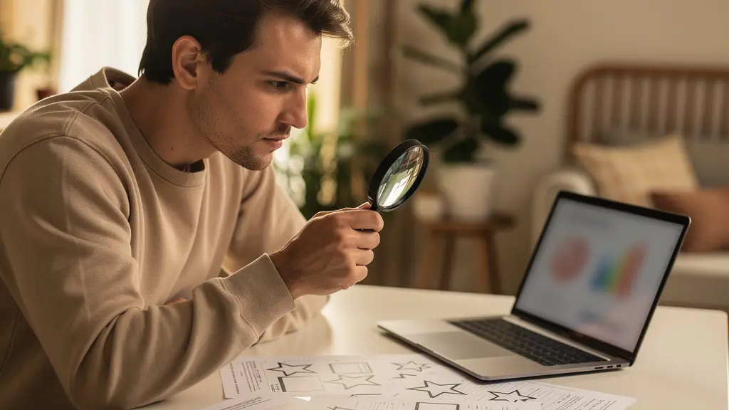 Personne analysant des avis d'hôtel sur un ordinateur avec une loupe et des documents de comparaison