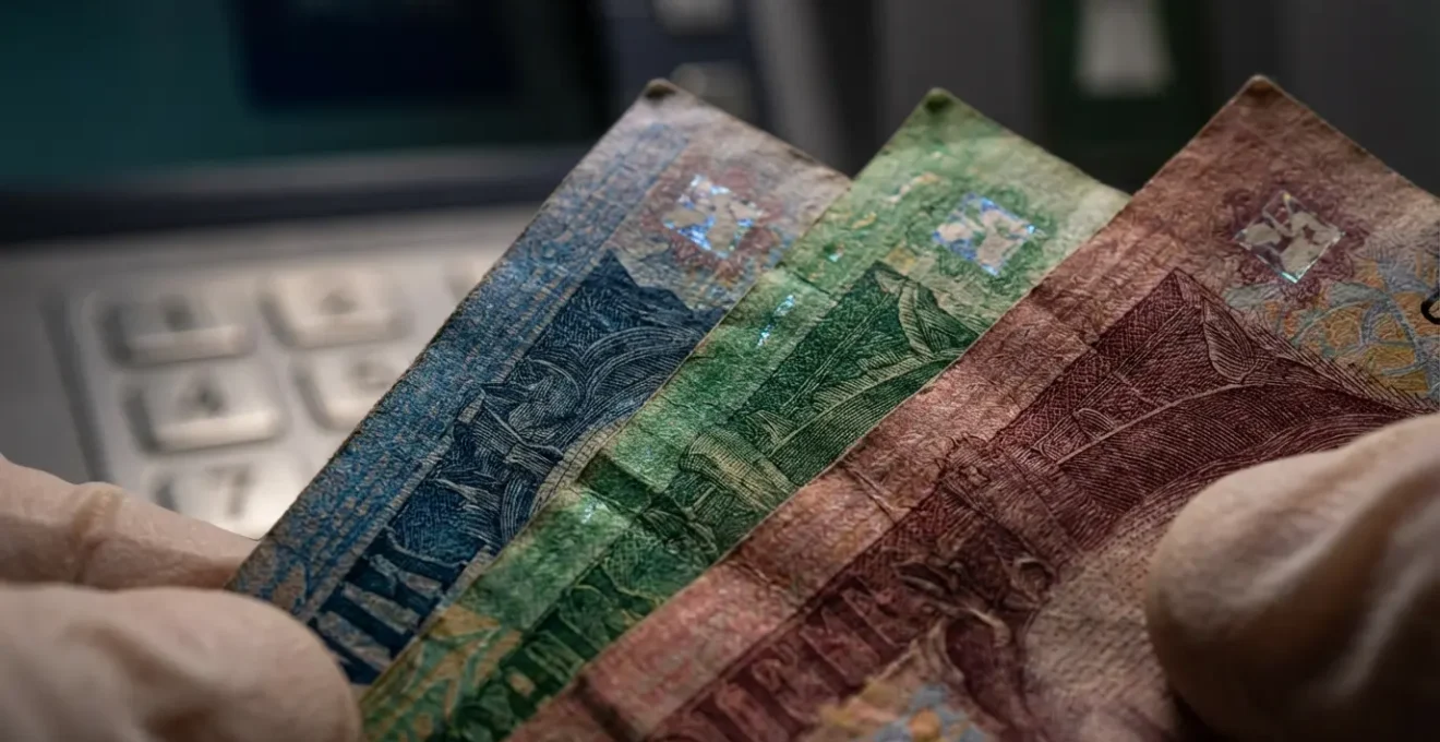 Gros plan sur des mains tenant des billets de forint devant un distributeur automatique