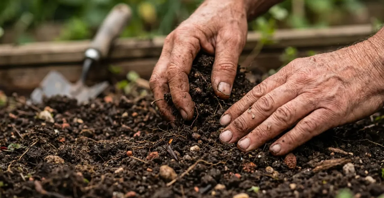 Mains travaillant la terre dans un potager bio, symbolisant l'échange travail-hébergement