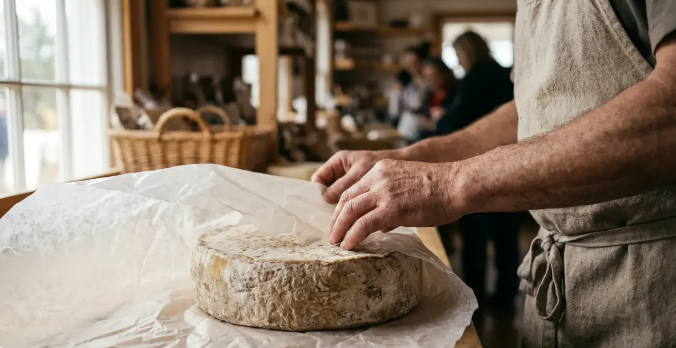 Mains expertes emballant délicatement un fromage artisanal dans du papier spécialisé