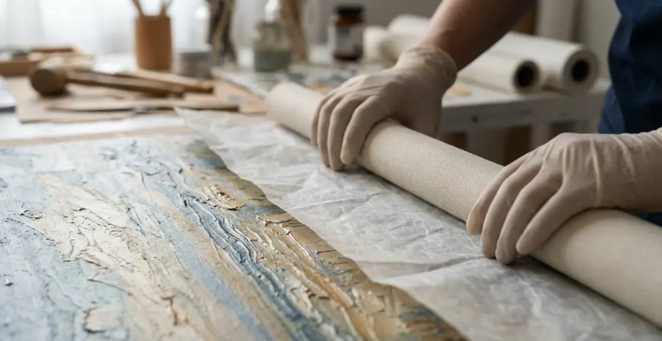 Mains expertes enroulant délicatement une toile avec papier de soie et protection