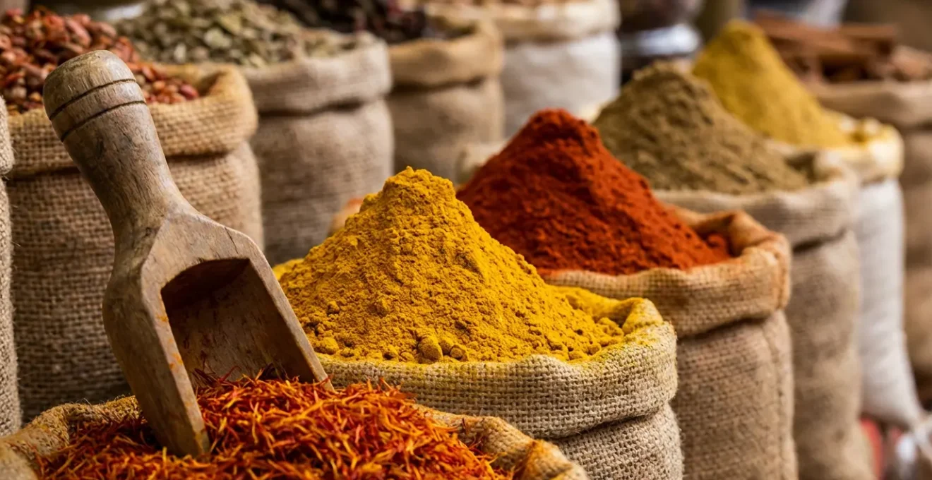 Gros plan sur des épices colorées dans des sacs en toile sur un marché local
