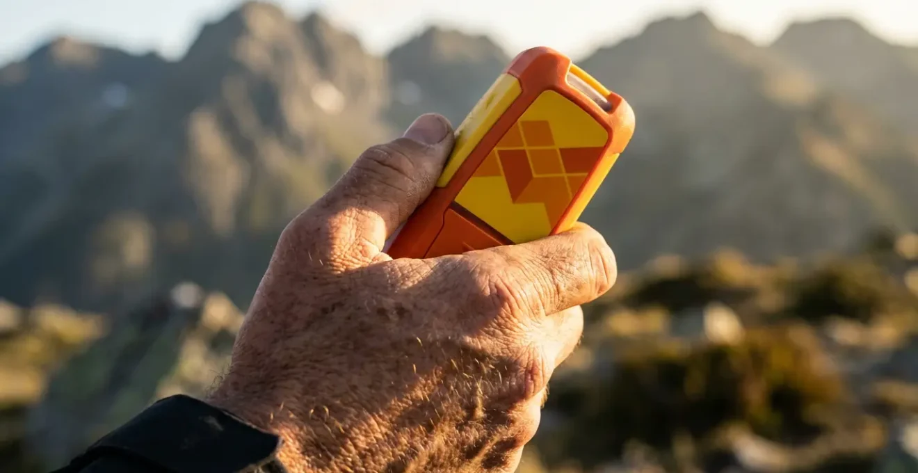 Main tenant une balise satellite avec montagnes floues en arrière-plan