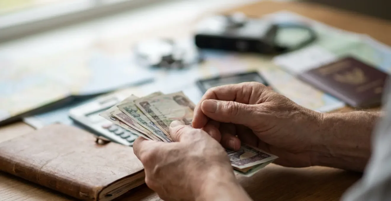 Main tenant des billets avec calculatrice floue et carnet de voyage en arrière-plan