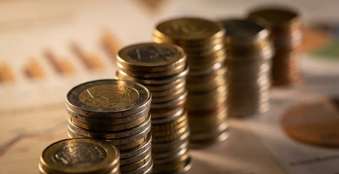 Graphique stylisé montrant l'évolution des devises avec des pièces de monnaie floues en arrière-plan