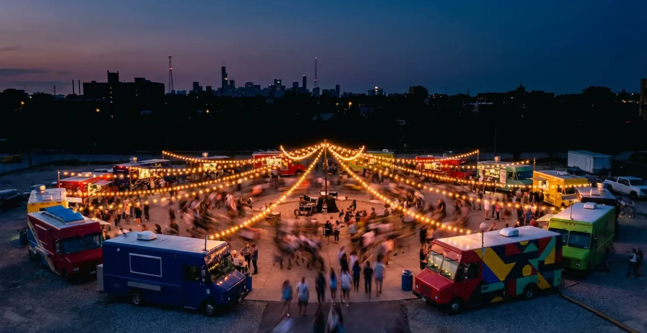Vue aérienne d'un rassemblement de food trucks illuminés le soir avec foule animée