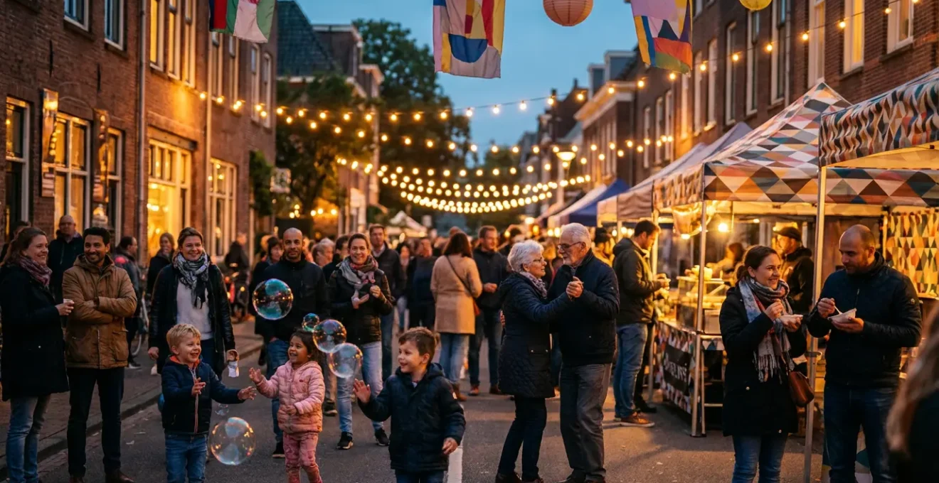 Scène de festival de quartier animé avec guirlandes lumineuses et foule diverse au crépuscule