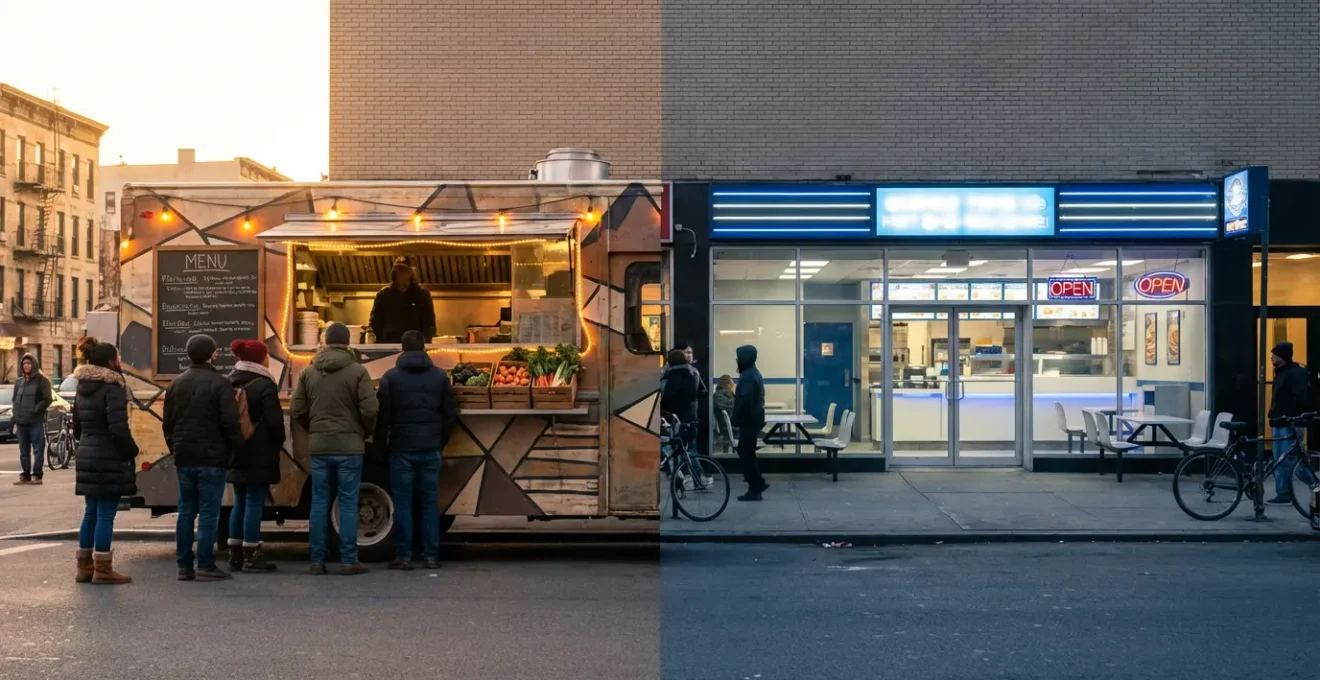 Comparaison entre un food truck artisanal avec file d'attente et un fast-food classique dans une rue urbaine