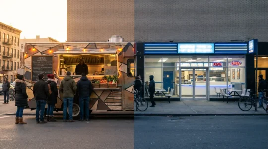 Comparaison entre un food truck artisanal avec file d'attente et un fast-food classique dans une rue urbaine
