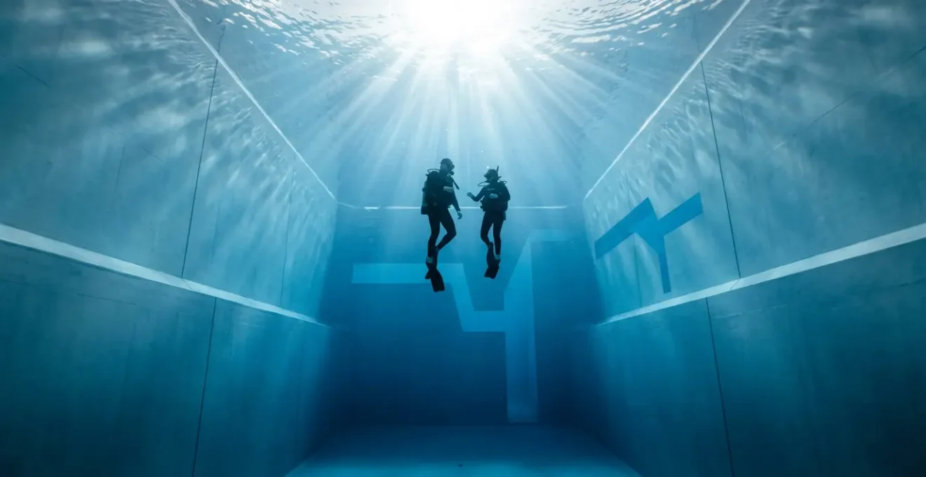 Vue sous-marine d'une fosse de plongée avec plongeur débutant et moniteur