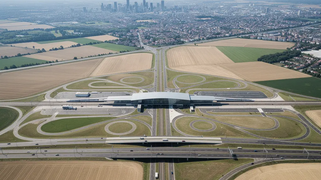 Vue aérienne d'une gare TGV isolée en périphérie avec des routes convergeant vers le centre-ville distant