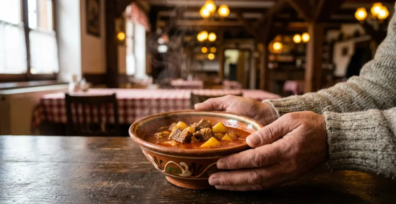 Plan rapproché d'un goulash hongrois traditionnel montrant la texture de la sauce et les morceaux de viande