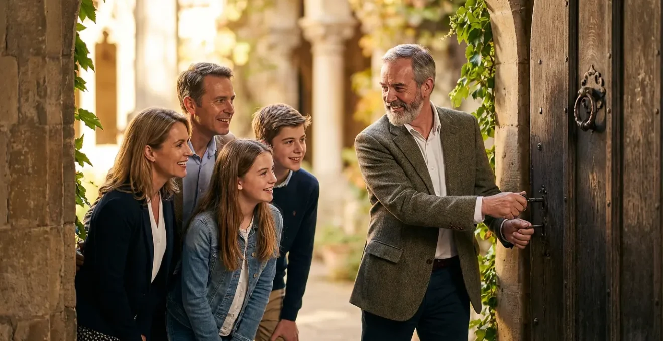 Guide privé ouvrant une porte dérobée d'un monument historique pour une famille privilégiée