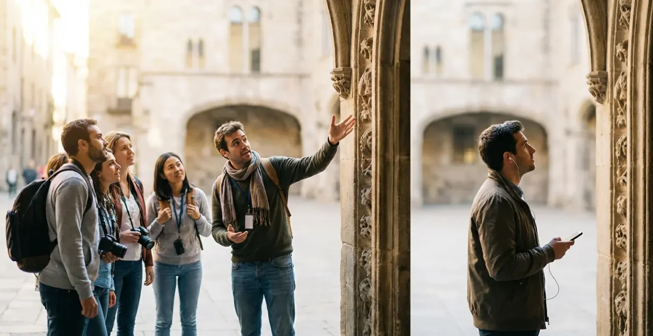 Guide touristique expliquant un monument à un groupe tandis qu'un visiteur solitaire utilise un audioguide