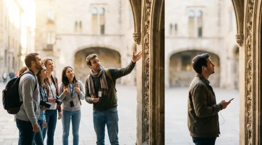 Guide touristique expliquant un monument à un groupe tandis qu'un visiteur solitaire utilise un audioguide