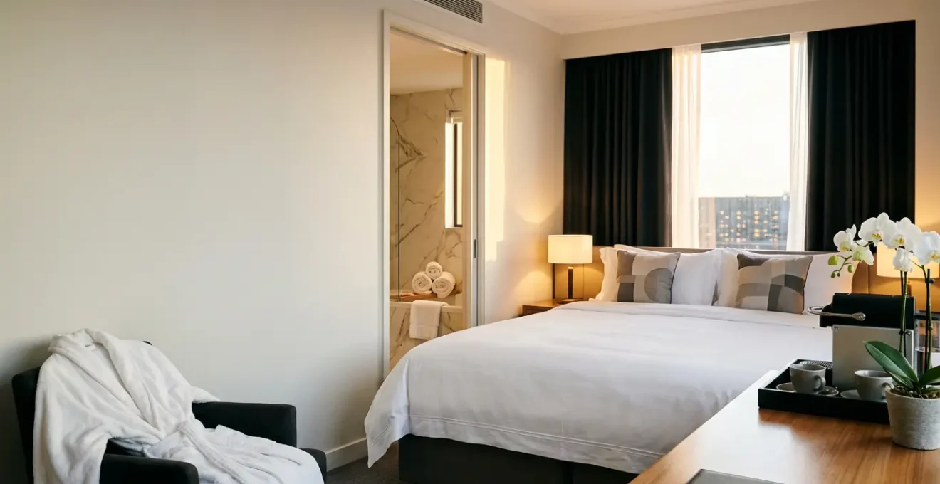 Chambre d'hôtel élégante avec détails luxueux suggérant une prestation supérieure à son classement 3 étoiles