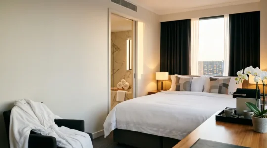 Chambre d'hôtel élégante avec détails luxueux suggérant une prestation supérieure à son classement 3 étoiles