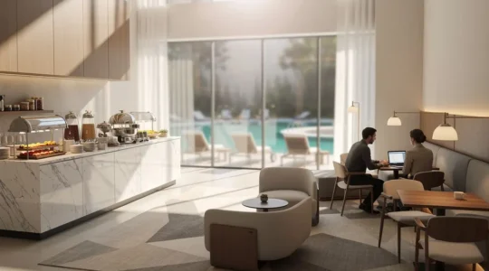 Vue intérieure d'un hall d'hôtel moderne avec différents espaces de services