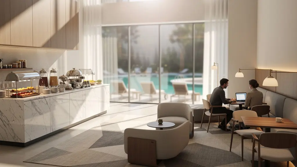 Vue intérieure d'un hall d'hôtel moderne avec différents espaces de services