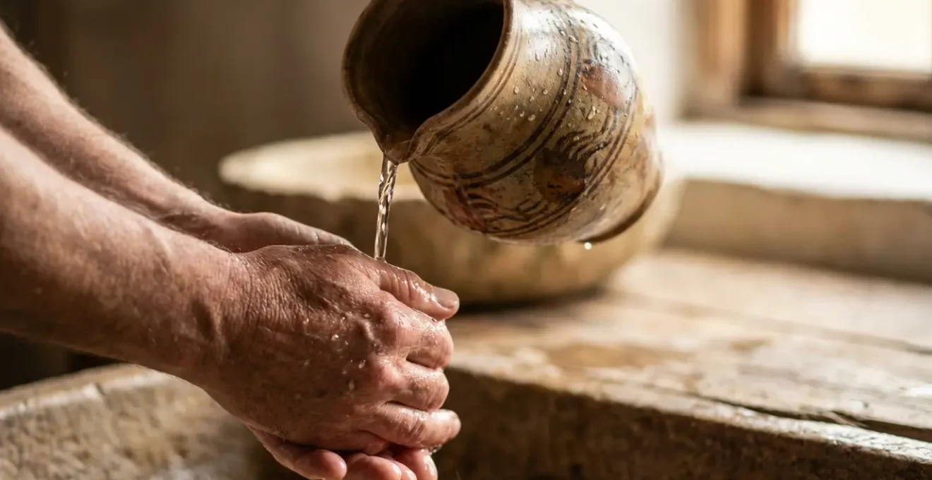 Gros plan sur des mains utilisant une carafe d'eau traditionnelle pour le lavage avant le repas