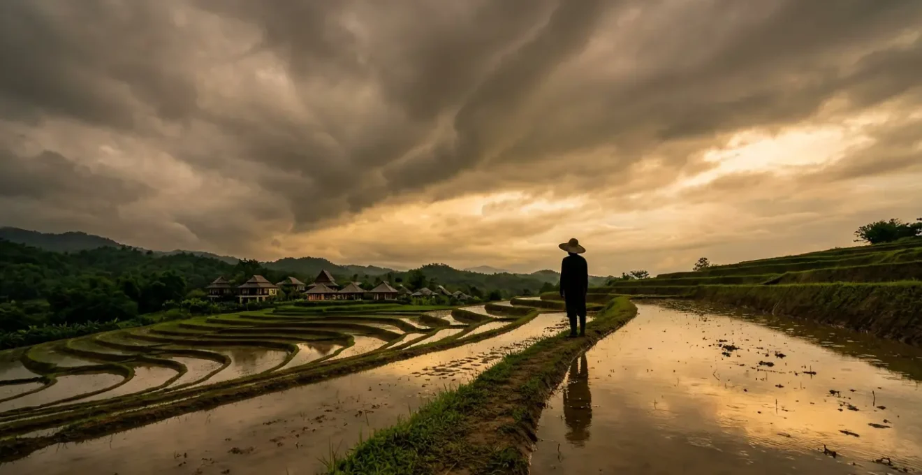 Voyageur contemplant un paysage tropical luxuriant sous des nuages de mousson avec reflets dorés sur rizières inondées