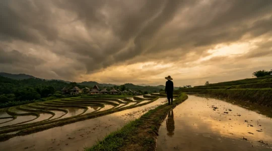 Voyageur contemplant un paysage tropical luxuriant sous des nuages de mousson avec reflets dorés sur rizières inondées