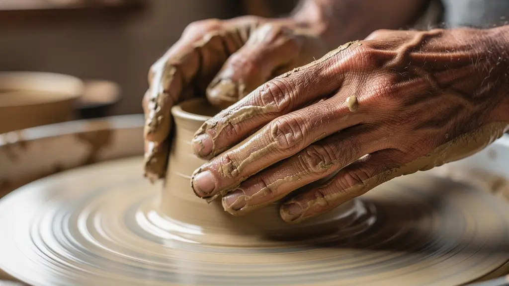 Mains d'un artisan potier façonnant une céramique sur un tour dans son atelier