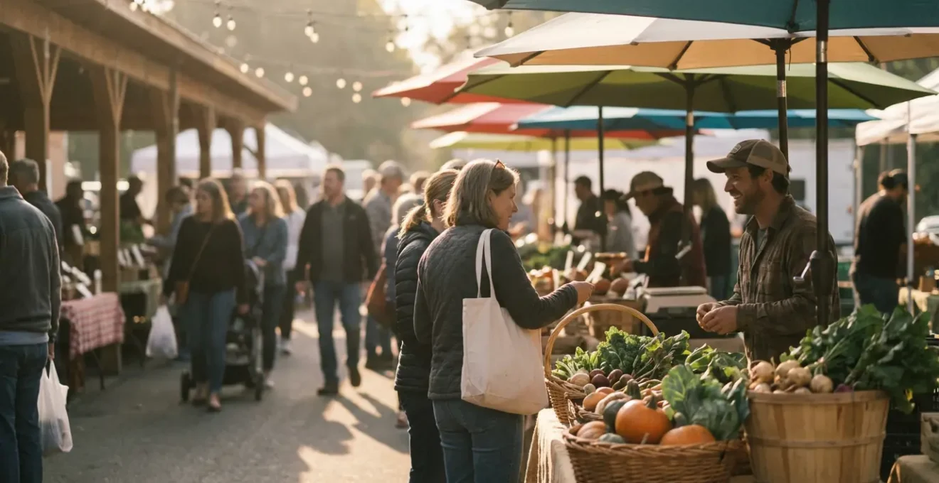 Vue immersive d'un marché local animé avec producteurs et clients en pleine négociation sous des parasols colorés