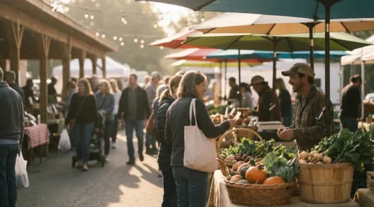 Vue immersive d'un marché local animé avec producteurs et clients en pleine négociation sous des parasols colorés