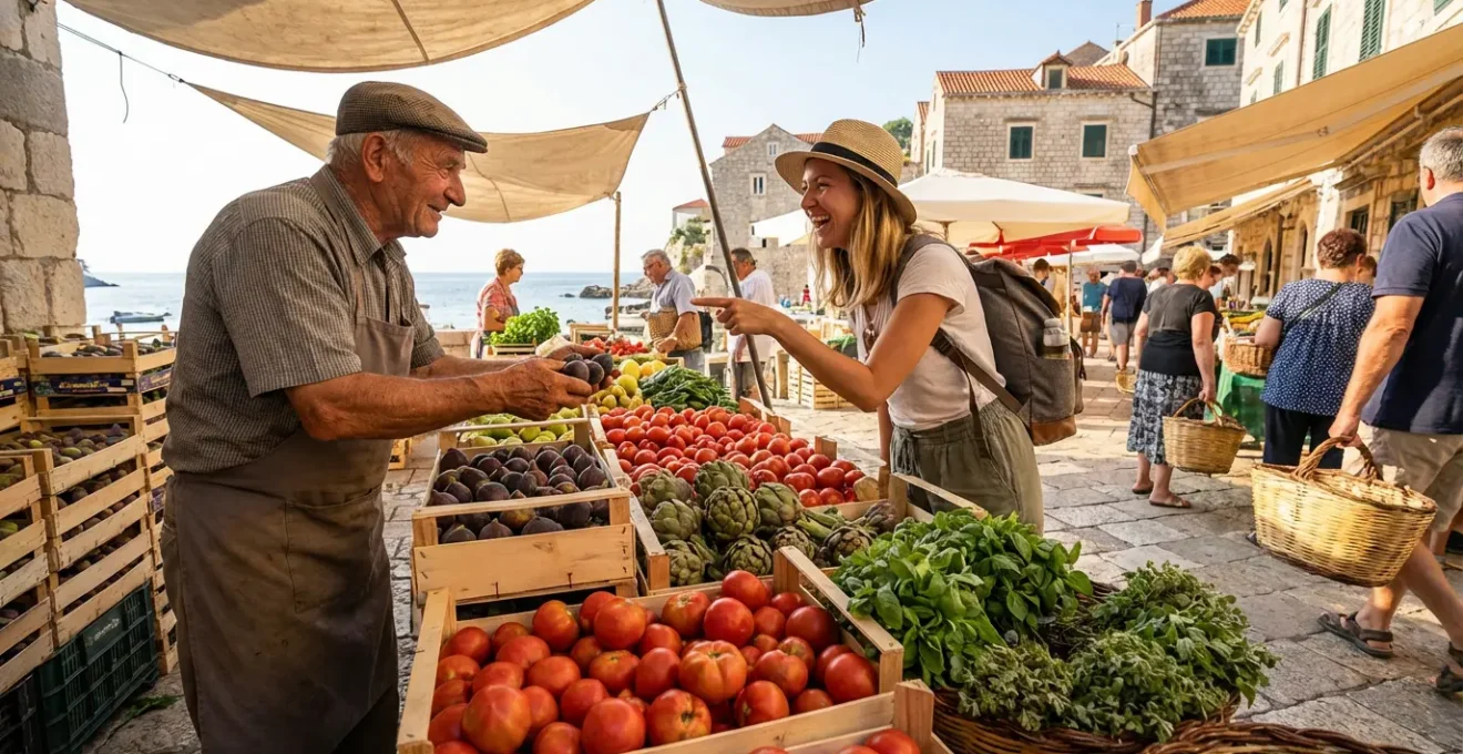 Un marché local coloré avec un touriste occidental échangeant avec une vendeuse locale, des légumes et fruits exotiques en premier plan