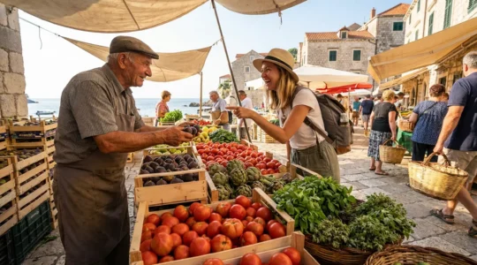 Un marché local coloré avec un touriste occidental échangeant avec une vendeuse locale, des légumes et fruits exotiques en premier plan