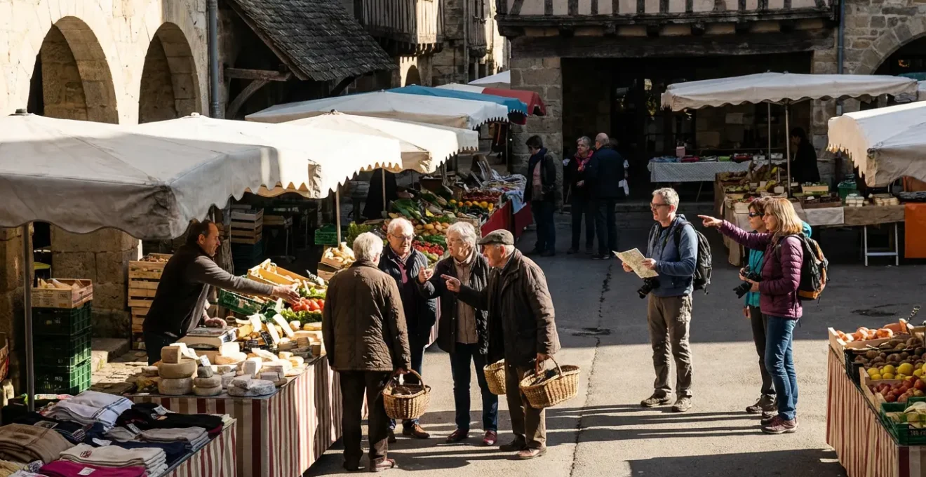 Vue d'ensemble d'un marché français animé montrant les interactions entre vendeurs et clients locaux