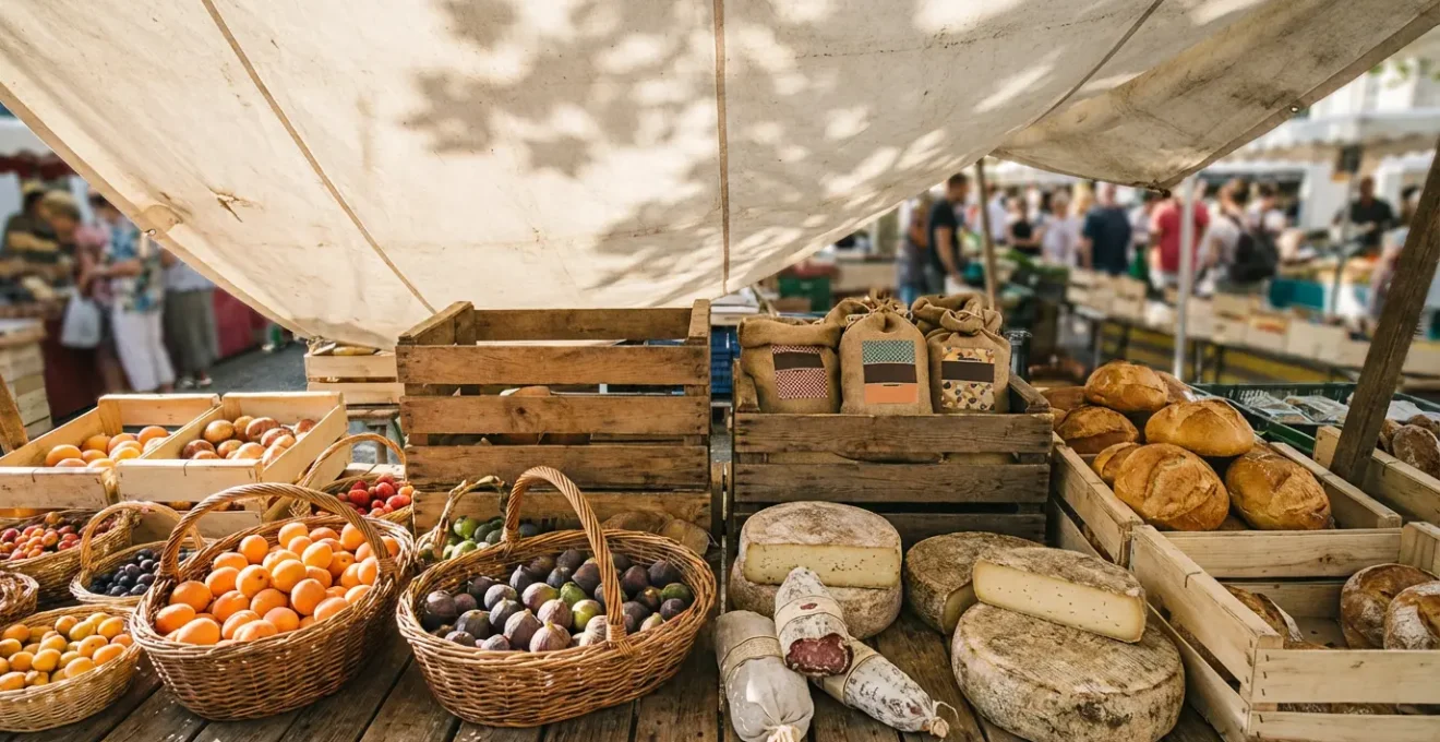 Vue plongeante d'un étal de marché traditionnel français avec fromages artisanaux, fruits de saison et charcuteries locales