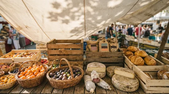 Vue plongeante d'un étal de marché traditionnel français avec fromages artisanaux, fruits de saison et charcuteries locales