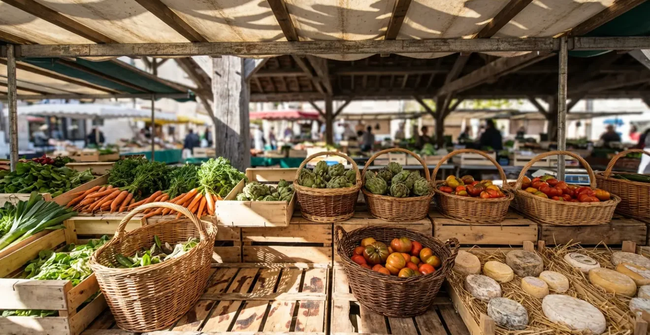 Étal de marché avec légumes de saison et fromages locaux sous lumière naturelle