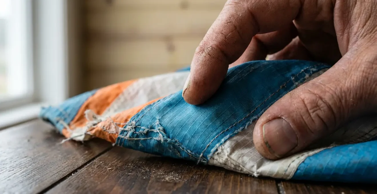 Gros plan macro sur les coutures et le tissu d'une aile de kitesurf posée sur une table, mains expertes inspectant les détails