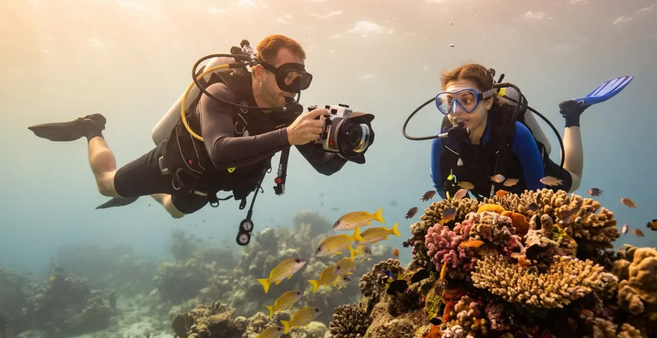 Moniteur de plongée photographiant un plongeur débutant près d'un récif corallien