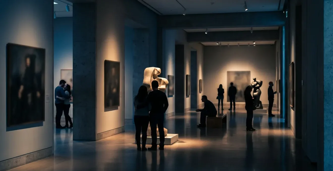 Visiteurs contemplant des œuvres d'art dans un musée en nocturne avec éclairage dramatique