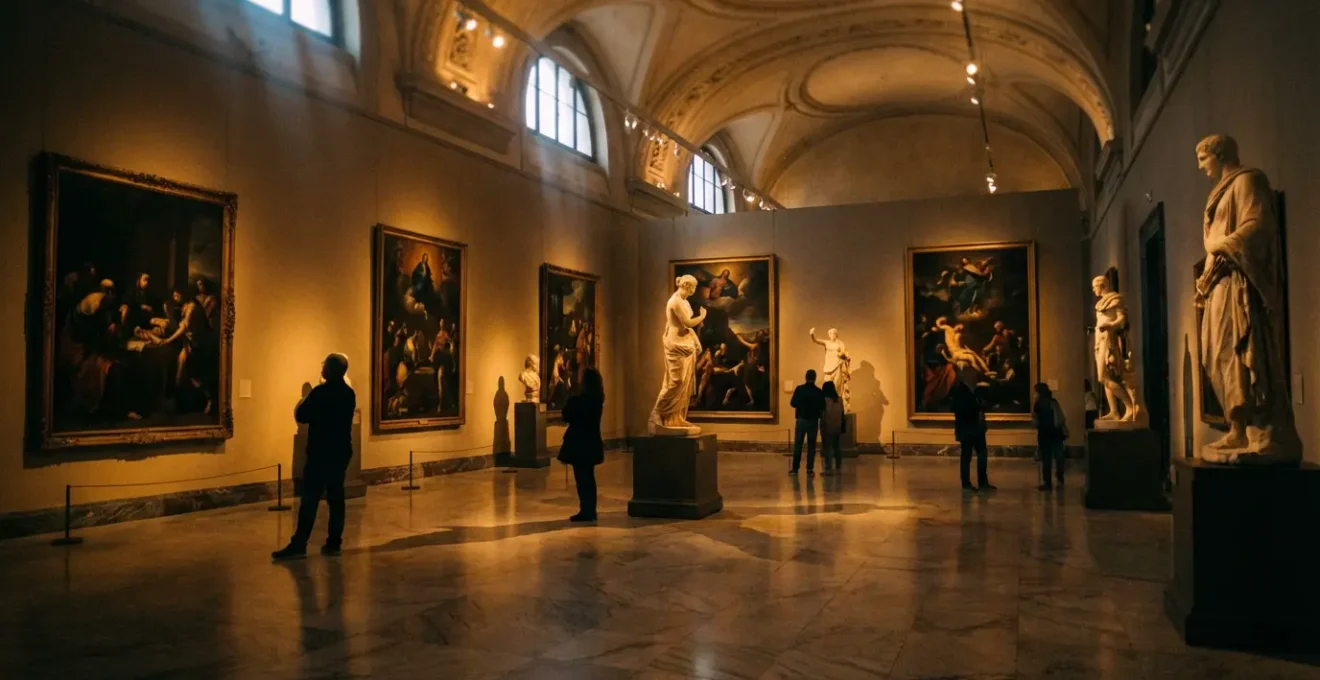 Visiteurs contemplant des œuvres d'art dans une galerie de musée éclairée en nocturne avec une ambiance intimiste