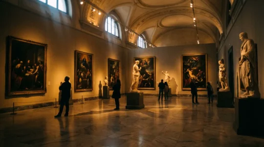 Visiteurs contemplant des œuvres d'art dans une galerie de musée éclairée en nocturne avec une ambiance intimiste