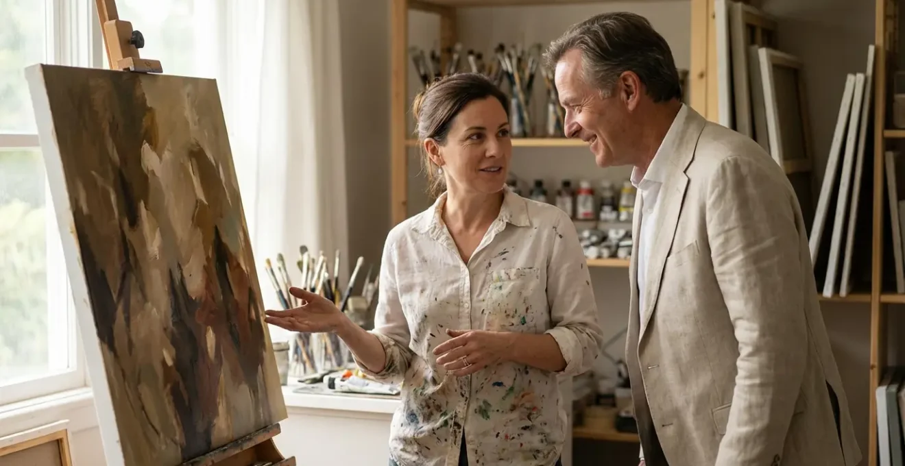 Discussion cordiale entre un collectionneur et un artiste dans son atelier lumineux