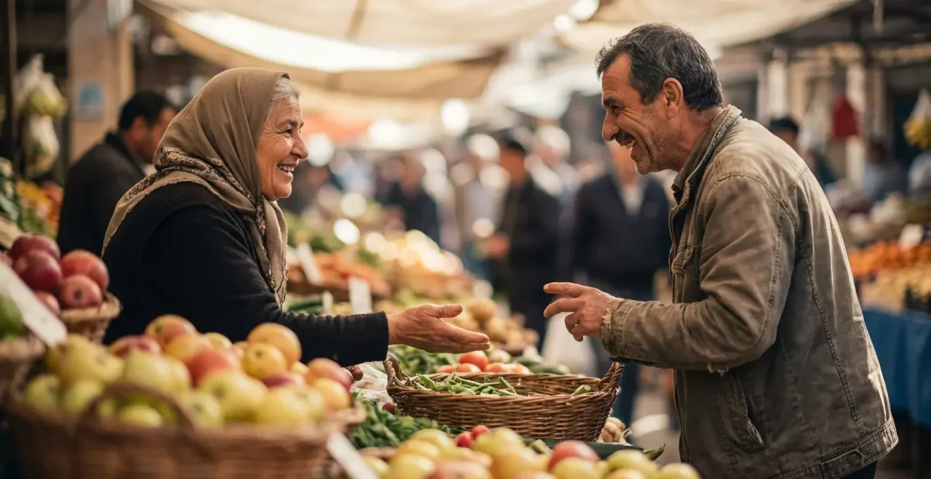Interaction chaleureuse entre un vendeur de marché et un client en train d'échanger autour de produits frais