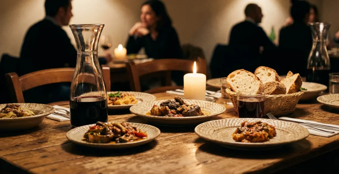 Vue en plongée d'une table de restaurant avec des plats locaux traditionnels et des verres de vin en carafe