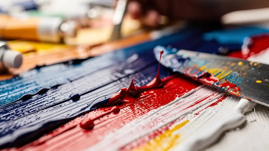 Œuvre fraîchement peinte sur chevalet dans un atelier avec palette de couleurs encore humides