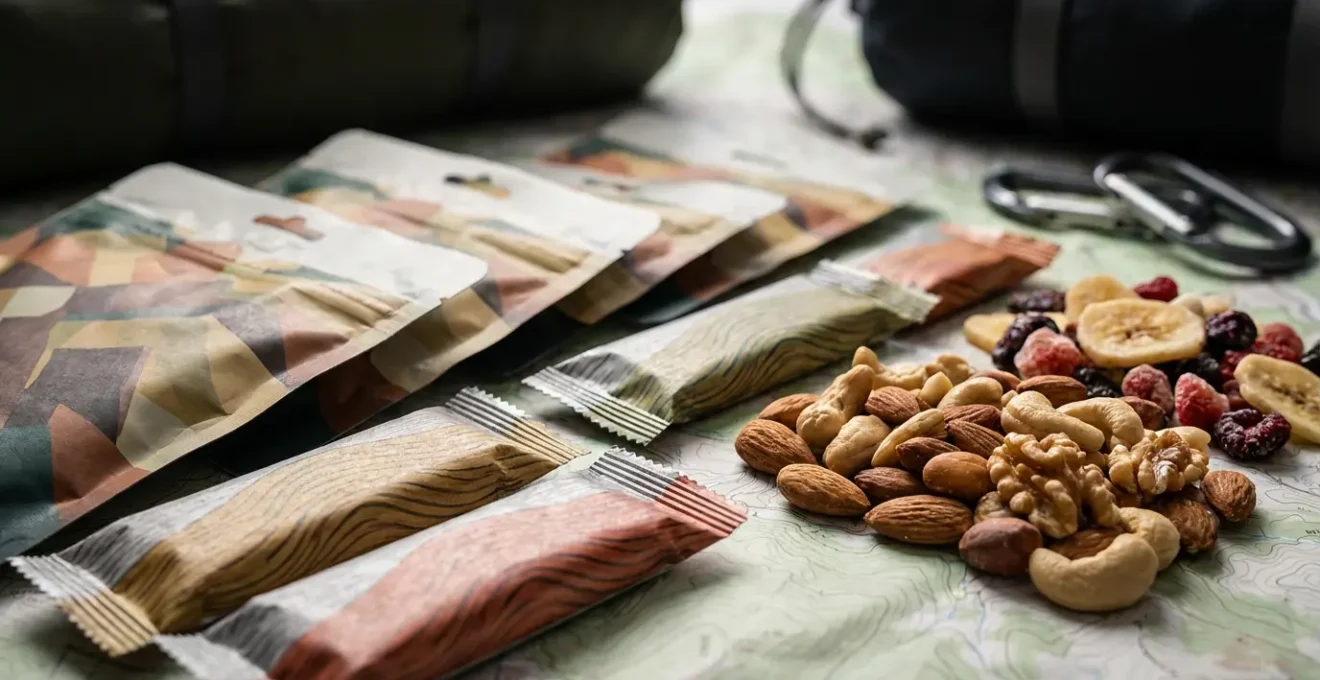 Vue macro d'aliments lyophilisés et fruits secs organisés pour un trek