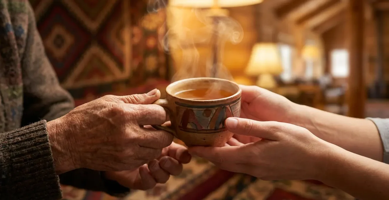 Cérémonie de partage d'une boisson traditionnelle entre un hôte local et des voyageurs dans un intérieur traditionnel