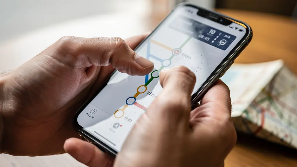Personne calculant les distances réelles sur son smartphone avec une carte de métro