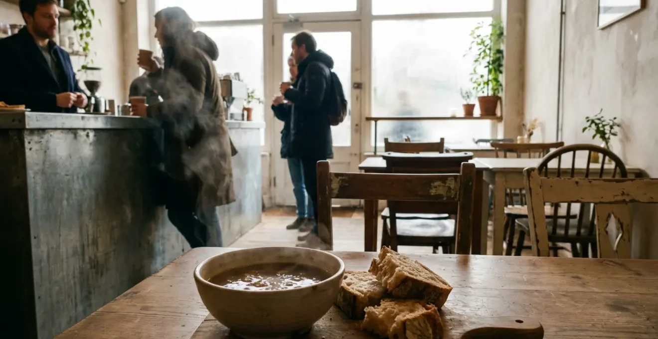 Table de petit-déjeuner local avec bol de soupe fumante et pain artisanal dans un café populaire