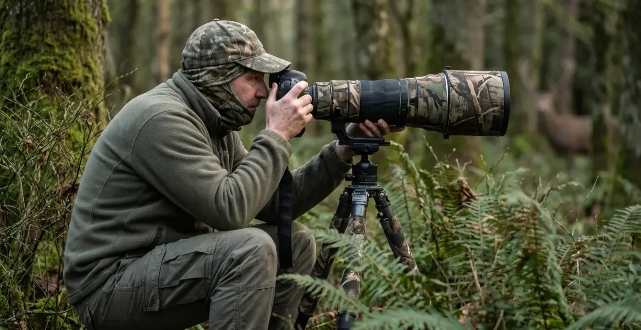 Photographe utilisant un téléobjectif pour observer la faune à distance respectueuse