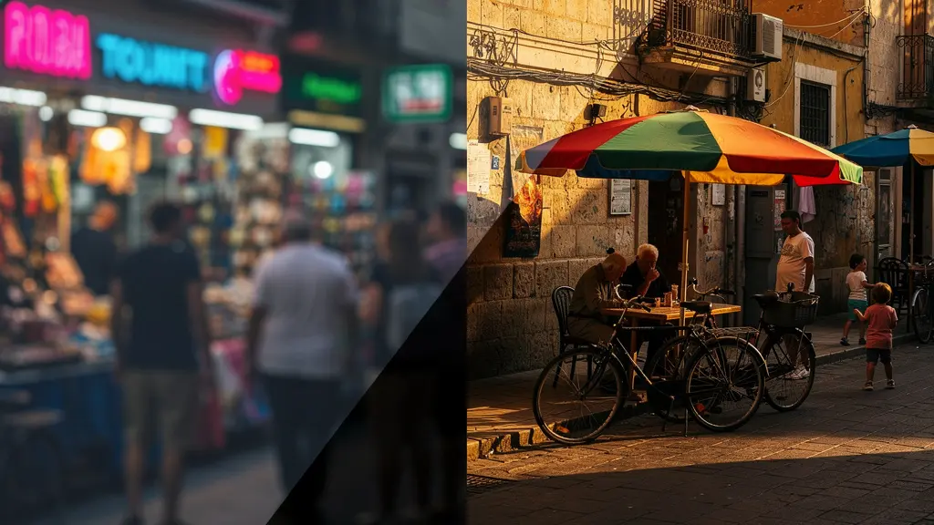 Rue calme d'un quartier résidentiel avec marché local et terrasses de café